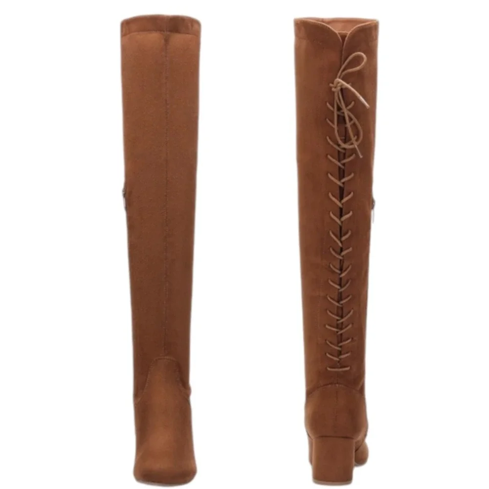 Faux Suede Over The Knee Block Heeled Stretch Boots Camel Full Lace-Up Back‎ 8